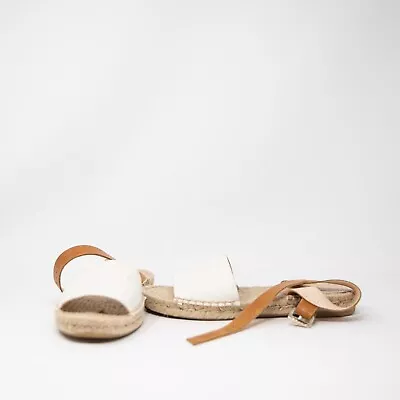 J. Crew Made In Spain Genuine Leather Ankle Strap Canvas Open Toe Flat Sandals 7 • $31.50