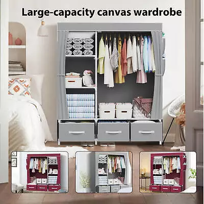 Grey/Red Canvas Wardrobe 105*45*165cm Wardrobes For Bedroom With 3 Storage Boxes • £25.99