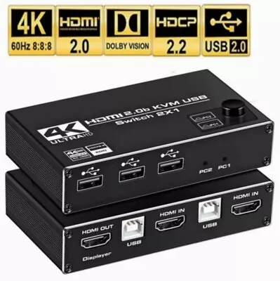 2 Port 4K HDMI KVM Switch Box USB KVM Switcher 2x1 For Mouse & Keyboard Sharing • $34.94