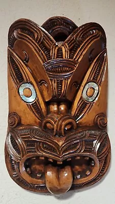 Vintage Hand Carved Maori New Zealand Wooden Face Mask With Paua Shell Eyes • $409.99