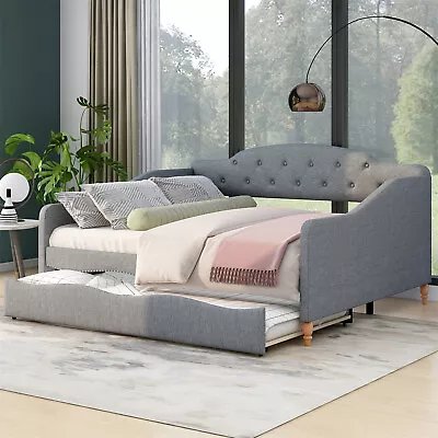 Full Size Daybed W/ Pull Out Trundle Bed Upholstered Bed Frame Sofa Bed Gray US • $394.99