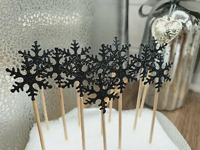 £3 • Buy BLACK Glitter Snowflakes Heart Cupcake Toppers/Flags Cake Decoration -Christmas