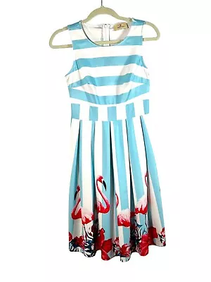 Grace Karin Fit & Flare Swing Dress Small Turquoise &White Stripes Flamingos • $22