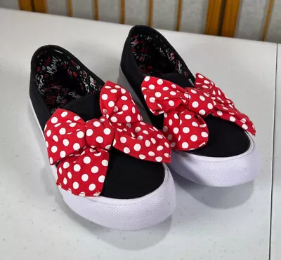 DISNEY Minnie Mouse Slip-on Shoes Black Canvas-Red Polka Dot Bow-Women's Size 9 • $25