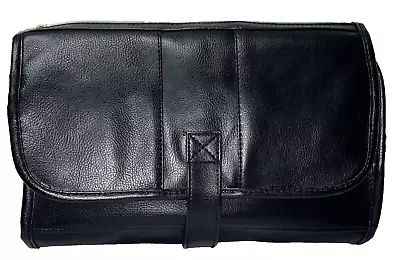 Travel Toiletry Bag-Unisex Black Faux Leather 6-Zip Pockets-Folding-Hanging • $9.99