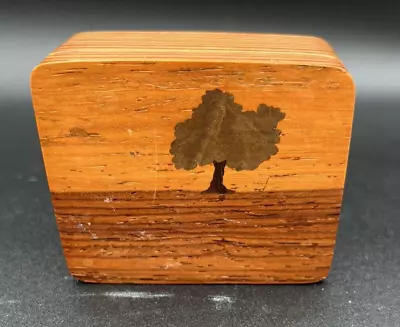 Vintage Stained Wood Trinket Box Handmade Lone Tree Lined Signed By Artist • $12