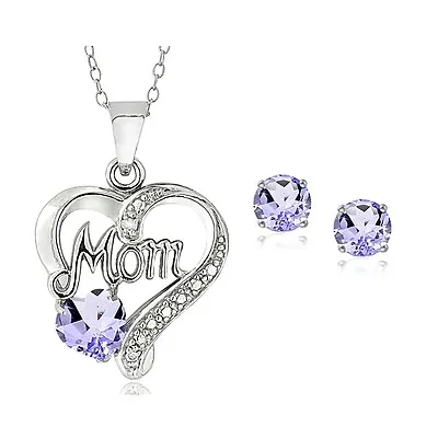 925 Silver Amethyst & Diamond Accent MOM Heart Necklace & Earrings Set • $32.99