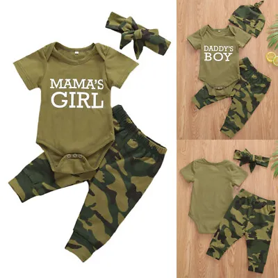 Newborn Baby Boy Girl Short Sleeve Romper Tops Pants Headband Set Kids Clothes • $27.86