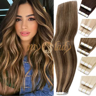 Thick 60PCS Tape In Russian Human Hair Extensions Remy Skin Weft Highlight 150G • $18.89