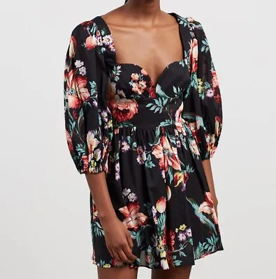 ALICE MCCALL Size 10 BABY DEE Black Floral Mini Dress 3/4 Puff Sleeve (RRP $295) • $99.95