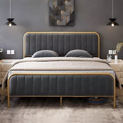 Velvet Upholstered Full Queen Size Bed Frame Headboard Heavy Duty Metal Platform • $179.99