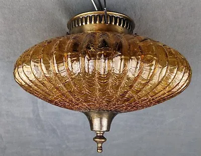 Vintage MCM Amber Crackle Glass Ceiling Light Fixture Mount. Hardware Rewired • $195