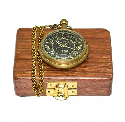  Antique Vintage Maritime Brass Marco Polo Pocket Watch 1956 Fob With Wooden Box • $31.49