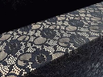 Stretch Corded Lace Fabric Per Metre - Scalloped Selvedge - Corded - Black • £4.99