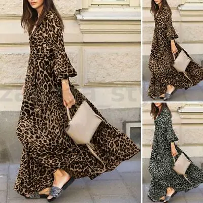 $31.58 • Buy ZANZEA Womens Leopard Printes Puff Long Sleeve Party Club Cocktail Maxi Dress AU
