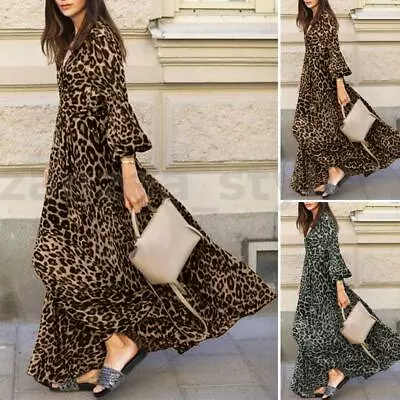 $31.58 • Buy ZANZEA Womens Leopard Printes Puff Long Sleeve Party Club Cocktail Maxi Dress AU
