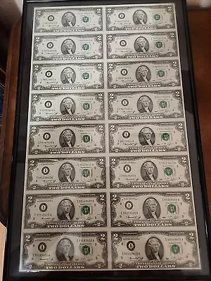 FRAMED Uncut Sheet Of 16 1976  Series Legal $2 Dollar Bills  • $200