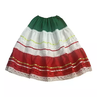 Poplin Tricolor Mexican Skirt Green White Red Lace Trim Handmade Sizes S To L • $15