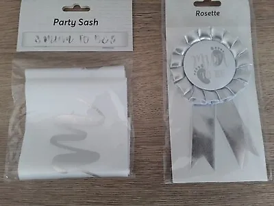 BABY SHOWER PARTY MUM TO BE SASH Or ROSETTE BADGE WHITE SILVER FRILL BORDER • £2.75