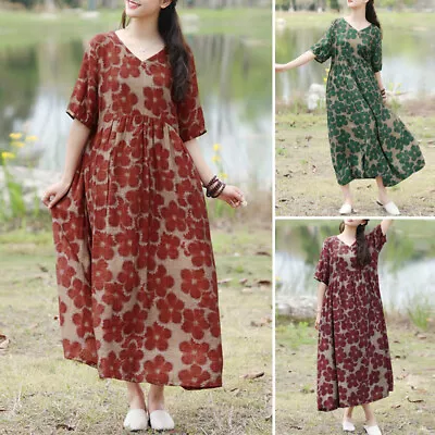 ZANZEA Womens Summer Floral Print V-Neck Short Sleeve Kaftan Loose Long Dress • $25.07