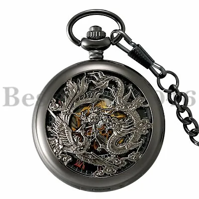 Steampunk Vintage Skeleton Mechanical Windup Pocket Watch Chain Mens Womens • $18.99