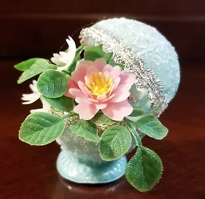 Vtg Handcrafted Faux Sugar Easter Egg  - Teal Egg W/Pink Rose & White Flowers • $8