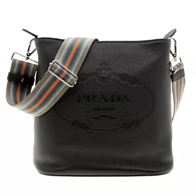 Prada Vitello Phenix Black Leather Stripe Strap Bucket Bag. Model# 1be057. New • $1977.77