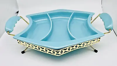 Vintage Miramar Of California Pottery Turquois Divided Dish Metal Carrier #946 • $79