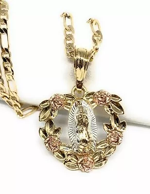 Virgen De Guadalupe Medalla Pendant Necklace 24” Flores Cadena Oro Laminado • $22.99