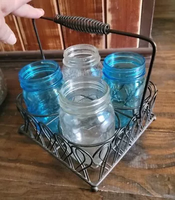 Black Metal Mason Jar Caddy Farmhouse Holds 4 Mason Jars Utensil Silverware  • $22.50