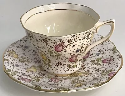 ROSINA Tea Cup Saucer Blue JUNE Tulip Chintz Pattern Teacup England 1930s • $14.99