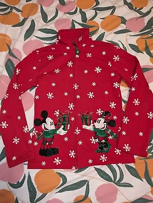 Vintage? Disney Parks Christmas Mickey Minnie Zip Sweater Jacket Red Applique XS • $90