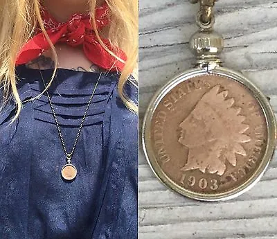 Southwestern Indian Head Penny Necklace. Coin Jewelry. 27in Bronze Tone Chain. • $17.99