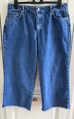 Jaeger Indigo Blue Denim 7/8 Crop Jeans  High Waist Wide Leg Sz16 • £9.99