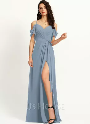 £94 • Buy A-Line V-neck Floor-Length Bridesmaid Dress With Ruffle Split Front