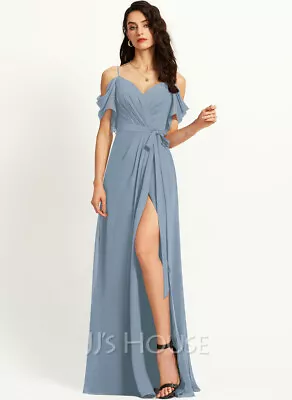 A-Line V-neck Floor-Length Bridesmaid Dress With Ruffle Split Front • £94