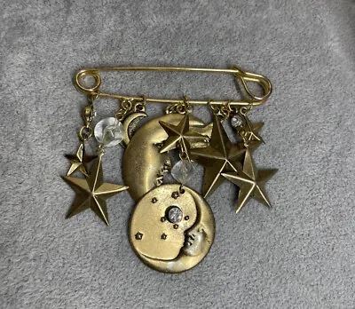 Vintage Guilloche Brooch Safety Pin Rhinestone Stars  Moons • $21