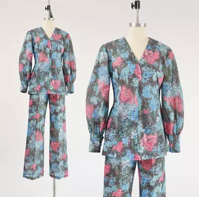 Vintage 70s Floral Pant And Blouse Set Semi Sheer Lurex Knit Tunic 2 Pc Outfit M • $72