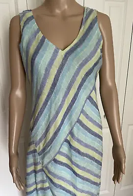 J Jill S Blue Green Striped Love Linen Long V Neck Sleeveless Summer Dress • $30