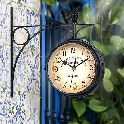 12  Double Side Wall Clock Railway Station Clock Retro Hanging Stand Art Decor • £13.93