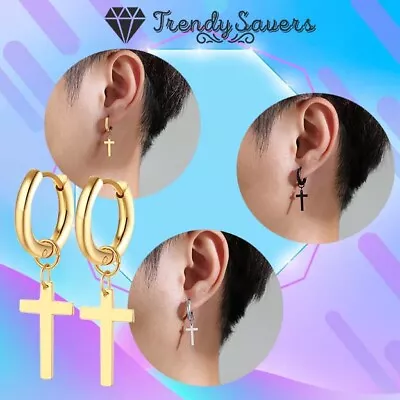 Simple Cross Dangle Earrings For Men Women Minimalist Surgical Steel Jewelry  • £3.99