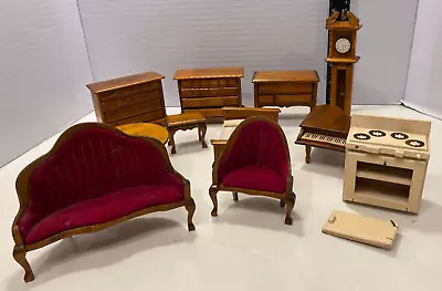 Vintage Lot Wood Dollhouse Furniture Piano Clock Dressers Velvet Seating • $15