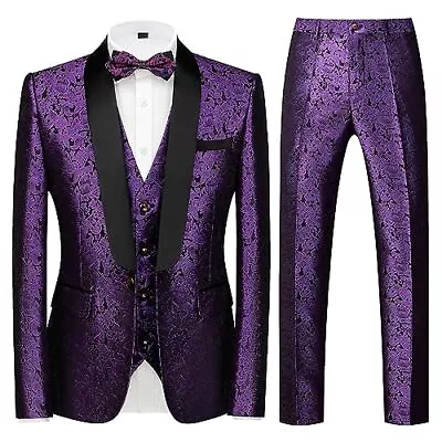  Mens Suits Slim Fit 3 Piece Tuxedo Suit Set For Prom Wedding X-Small Purple • $128.47