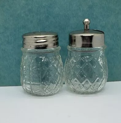 SET OF 2- Vintage Pressed Glass Chrome Lids Salt Shakers & Condiment Jar • $13
