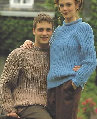 Easy Knit Sweater Knitting Pattern In 4ply DK Aran Chunky 34-46  Ladies Mens1033 • £2.09