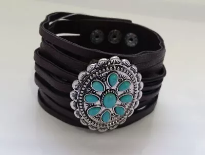 $4.49 • Buy Western Brown Slash. Leather Cuff Bracelet Turquoise Silver Medallion Z06-33/22