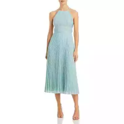  Aidan Mattox Blue Flowy Pleated Tea Length Halter Midi Dress Size 0 • $31.99