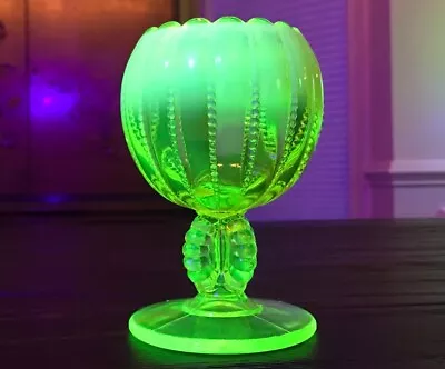 Antique Opalescent Vaseline Uranium Glass Beaded Pedestal Panel Rose Bowl • $85