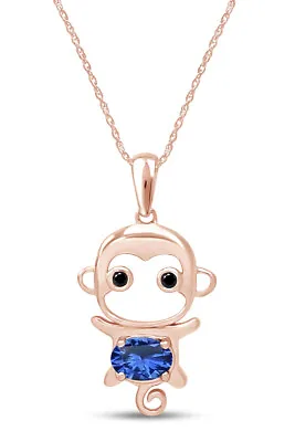 Monkey Animal Cartoon Pendant Necklace Simulated Sapphire Solid Sterling Silver • $135.37