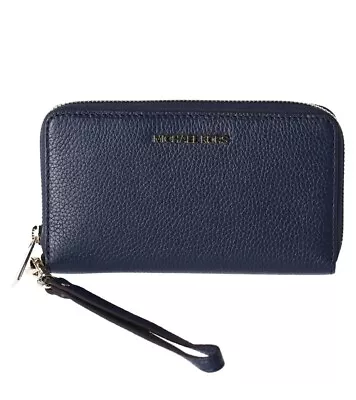 Michael Kors Jet Set Travel Large Phone Case Leather Wallet Wristlet Navy Blue • £55.90